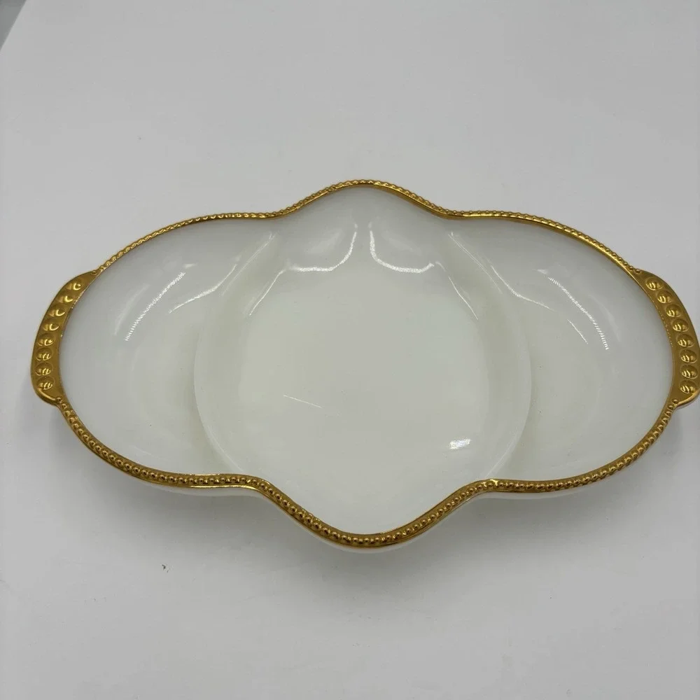 Vintage Fire King Milk Glass Divided Relish Candy Dish Gold Trim Oven Ware Serve